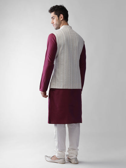 White Printed Silk Blend Nehru Jacket Kurta Churidar Set