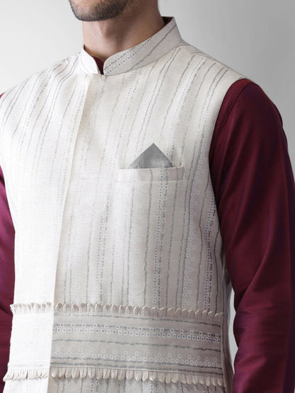 White Printed Silk Blend Nehru Jacket Kurta Churidar Set