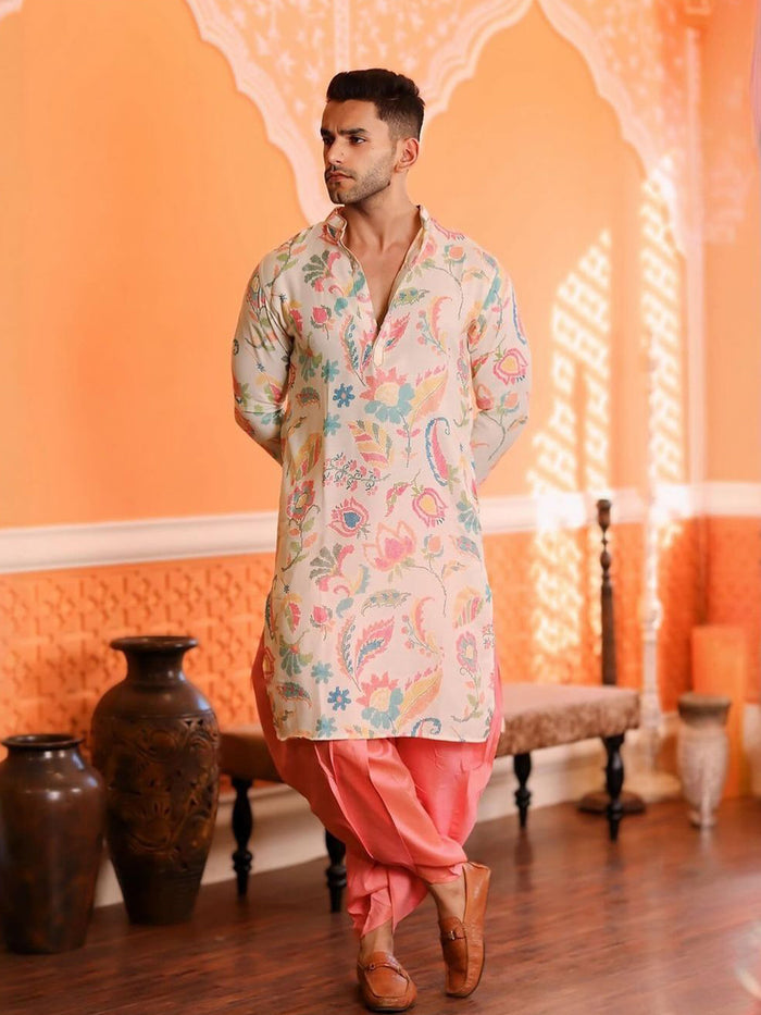 The model is posing with Men White Multi-Color Printed Kurta Dhoti Set in a stylish way
