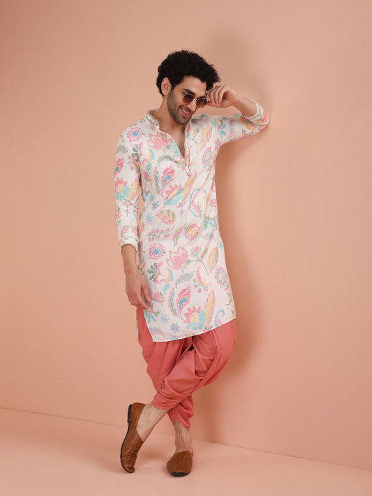 The model is wearing sunglasses and flaunting the side view of White Multi-Color Printed Kurta Dhoti Set of Kisah.