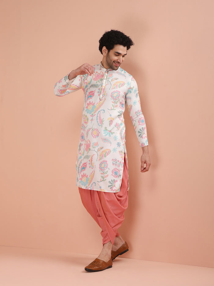 The model is gracefully flaunting White Multi-Color Printed Kurta Dhoti Set of Kisah