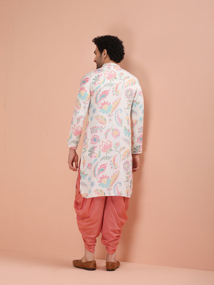 The back view of the model, wearing Kisah's White Multi-Color Printed Kurta Dhoti Set