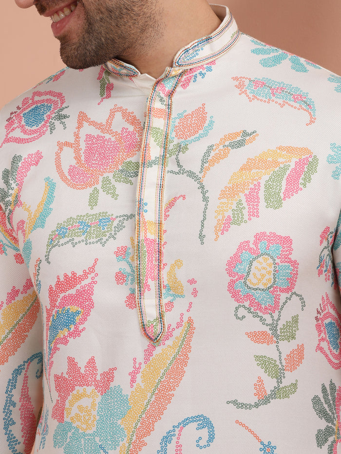 The zoomed in view of detailed multi-color print in White Multi-Color Printed Kurta Dhoti Set of Kisah