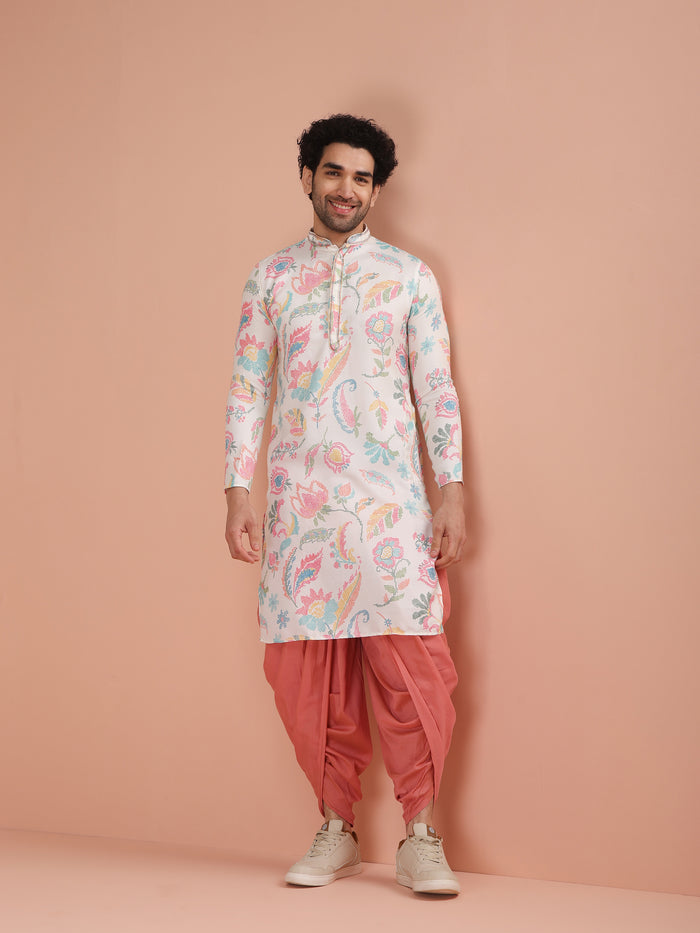 The classic dhoti, matching with White Multi-Color Printed Kurta Set has been highlighted in the image