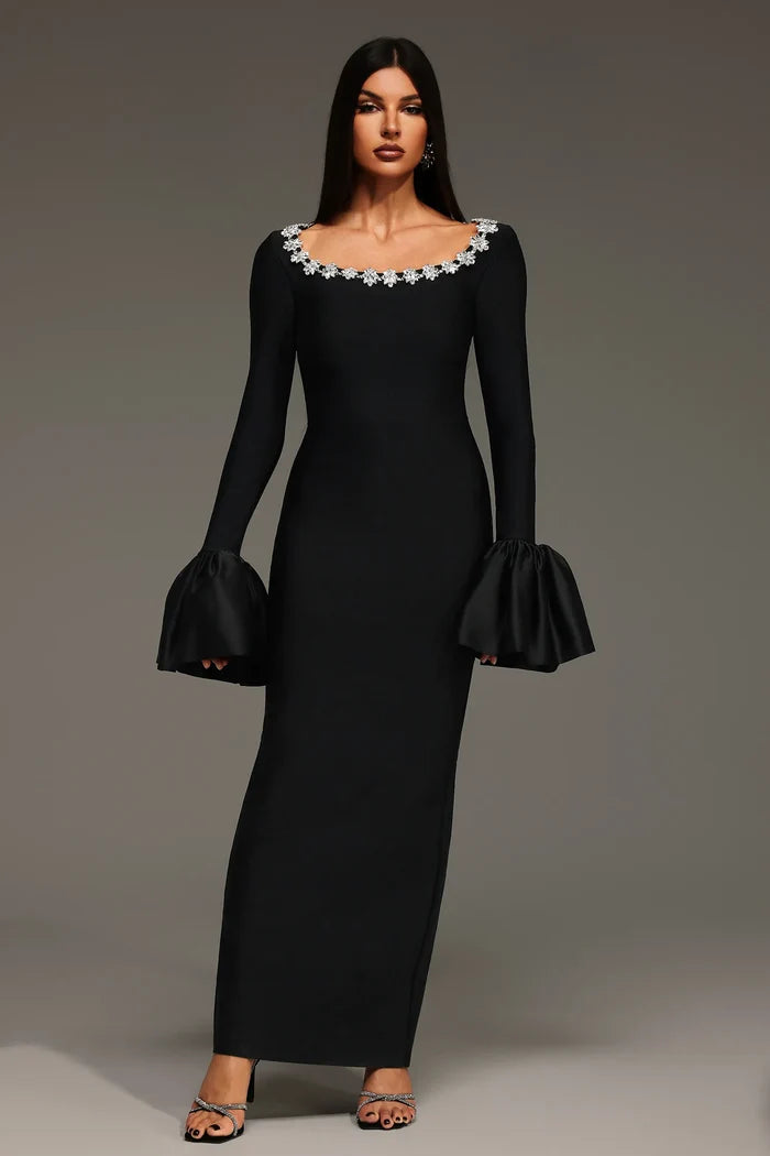 Whitney Black Floral-Neckline Gown