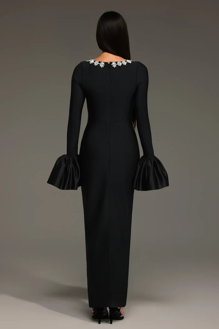 Whitney Black Floral-Neckline Gown