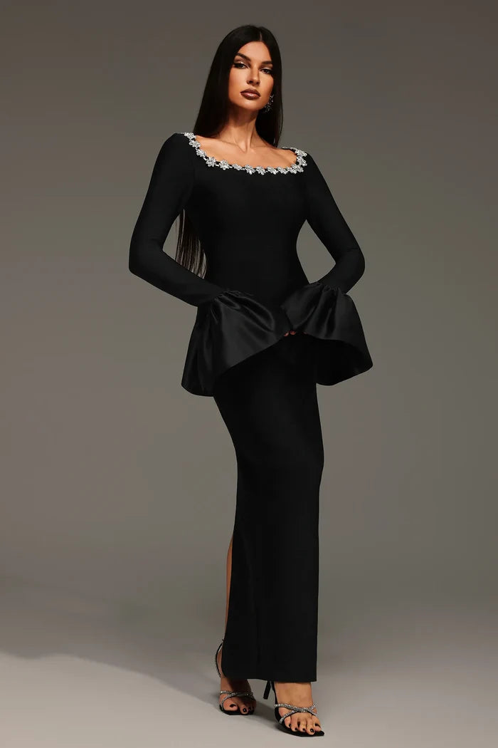 Whitney Black Floral-Neckline Gown