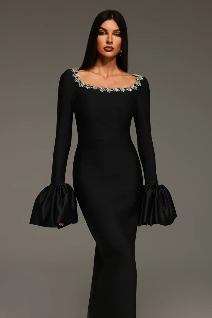 Whitney Black Floral-Neckline Gown
