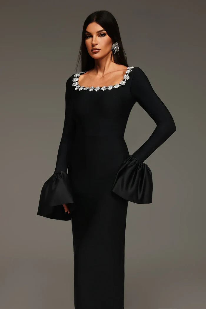 Whitney Black Floral-Neckline Gown
