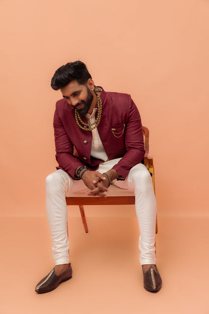 Wine Cotton Silk Sherwani Kurta Churidar Set