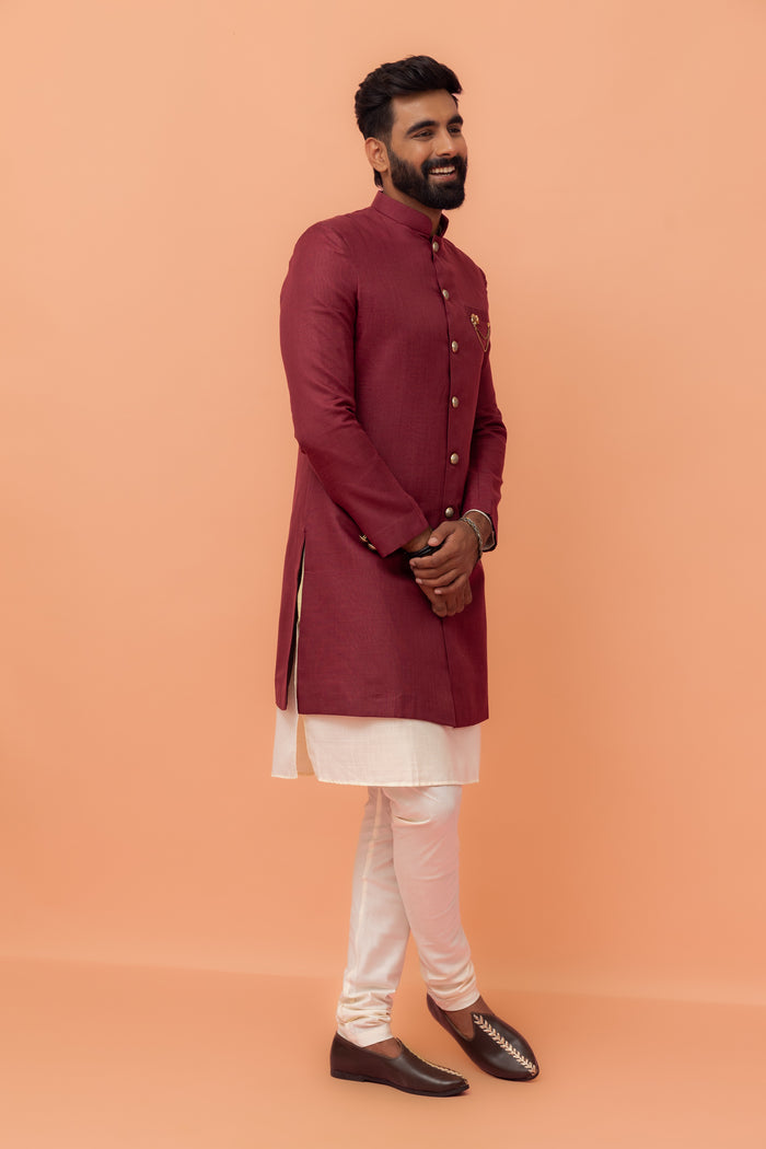 Wine Cotton Silk Sherwani Kurta Churidar Set