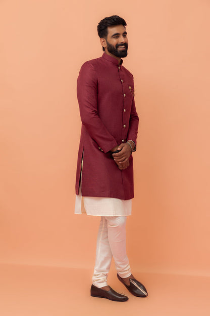 Wine Cotton Silk Sherwani Kurta Churidar Set