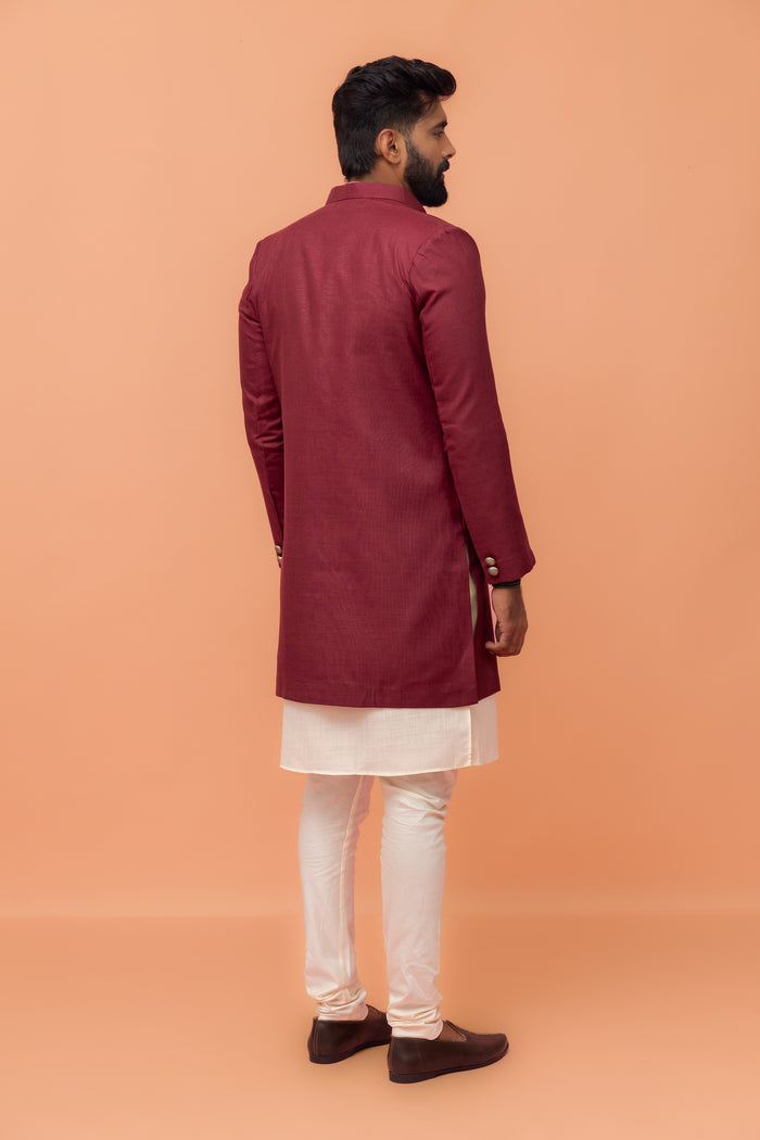 Wine Cotton Silk Sherwani Kurta Churidar Set