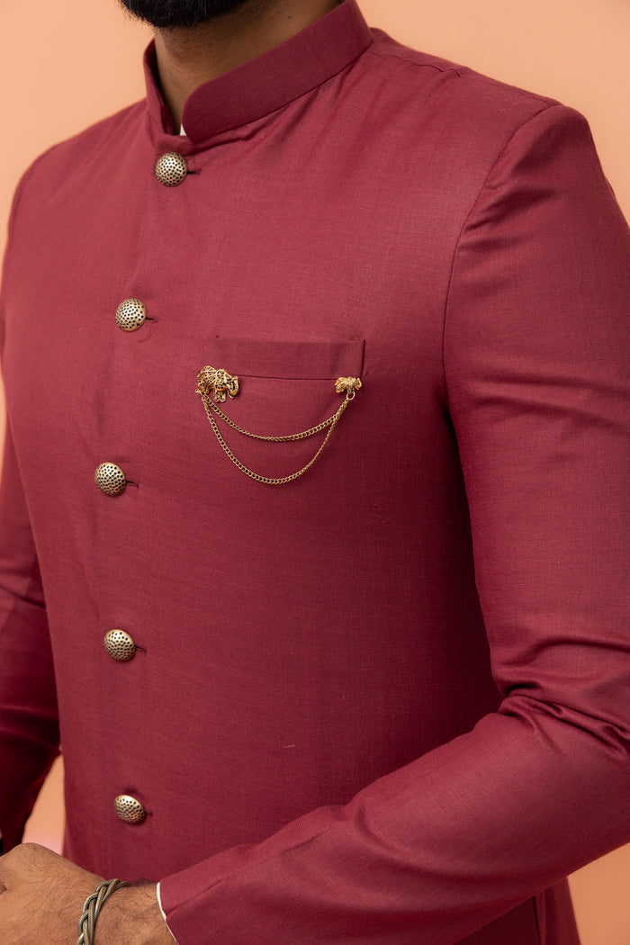 Wine Cotton Silk Sherwani Kurta Churidar Set