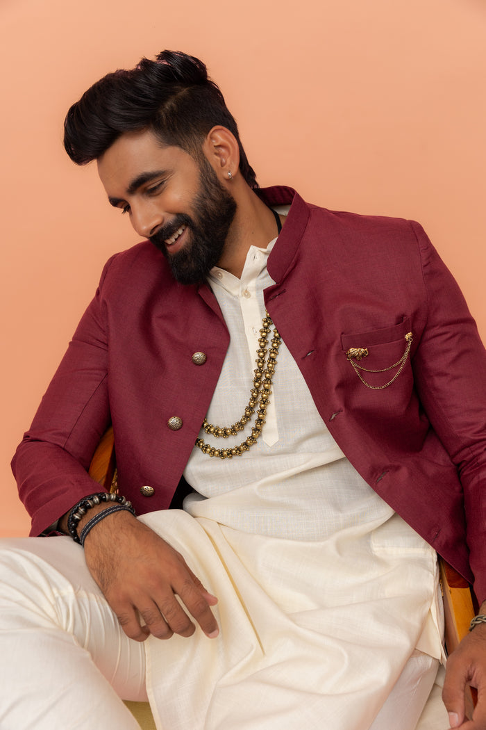 Wine Cotton Silk Sherwani Kurta Churidar Set