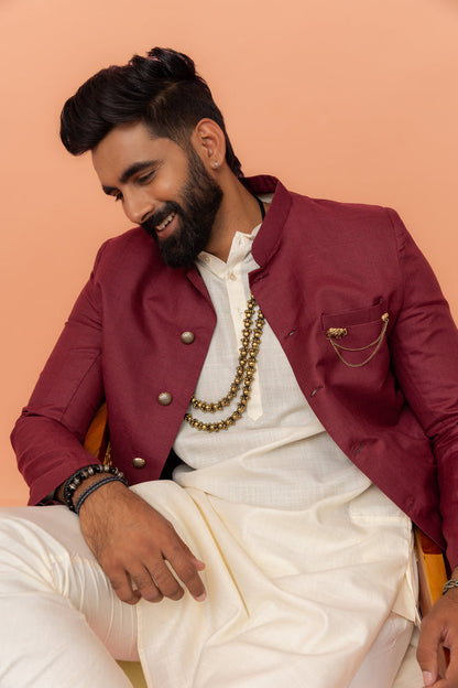 Wine Cotton Silk Sherwani Kurta Churidar Set