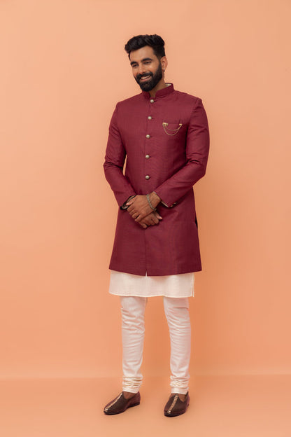 Wine Cotton Silk Sherwani Kurta Churidar Set