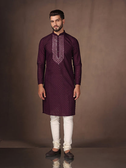 Wine Embroidered Kurta Churidar Set