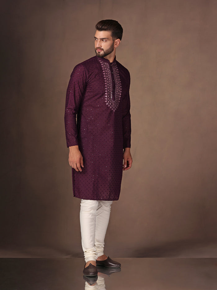 Wine Embroidered Kurta Churidar Set