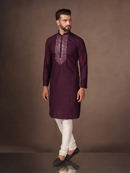 Wine Embroidered Kurta Churidar Set