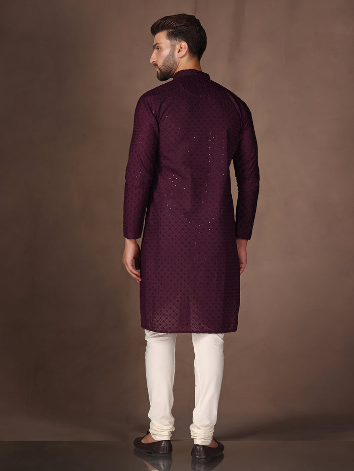 Wine Embroidered Kurta Churidar Set
