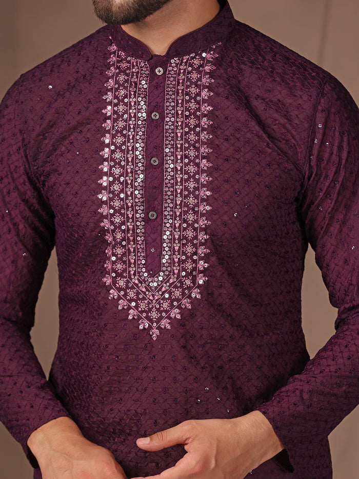 Wine Embroidered Kurta Churidar Set