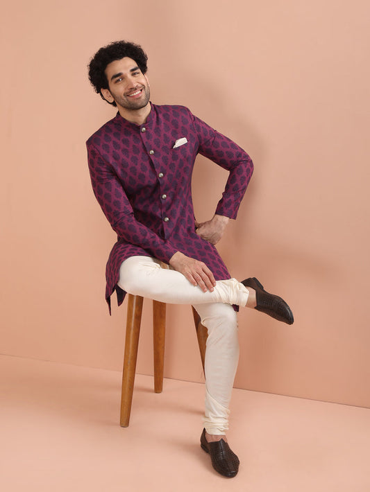 Wine Jacquard Sherwani with Cream Churidar