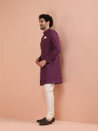 Wine Jacquard Sherwani with Cream Churidar