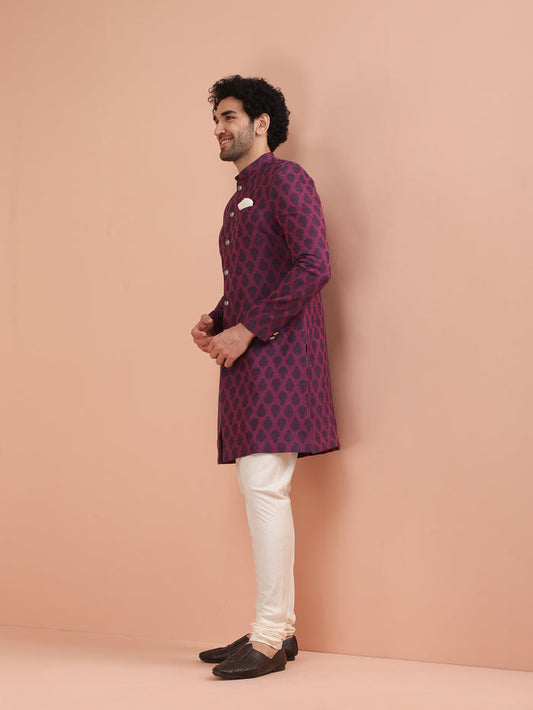 Wine Jacquard Sherwani with Cream Churidar