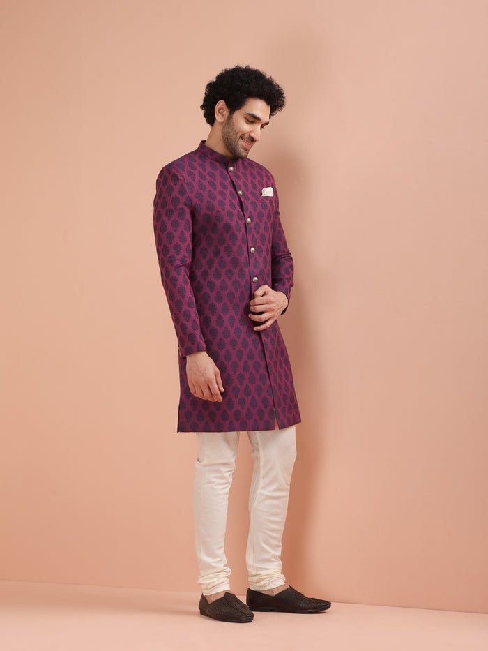 Wine Jacquard Sherwani with Cream Churidar