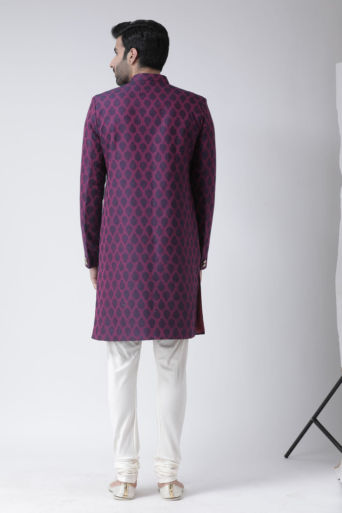 Wine Jacquard Sherwani with Cream Churidar