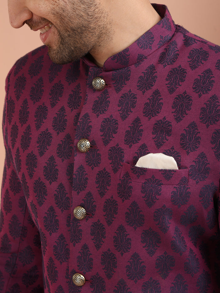 Wine Jacquard Sherwani with Cream Churidar