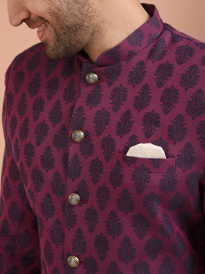 Wine Jacquard Sherwani with Cream Churidar