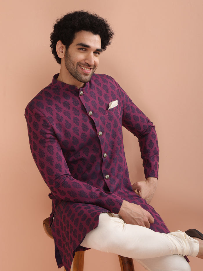 Wine Jacquard Sherwani with Cream Churidar