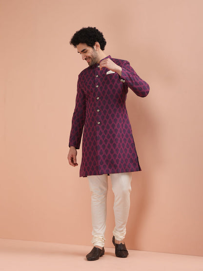 Wine Jacquard Sherwani with Cream Churidar