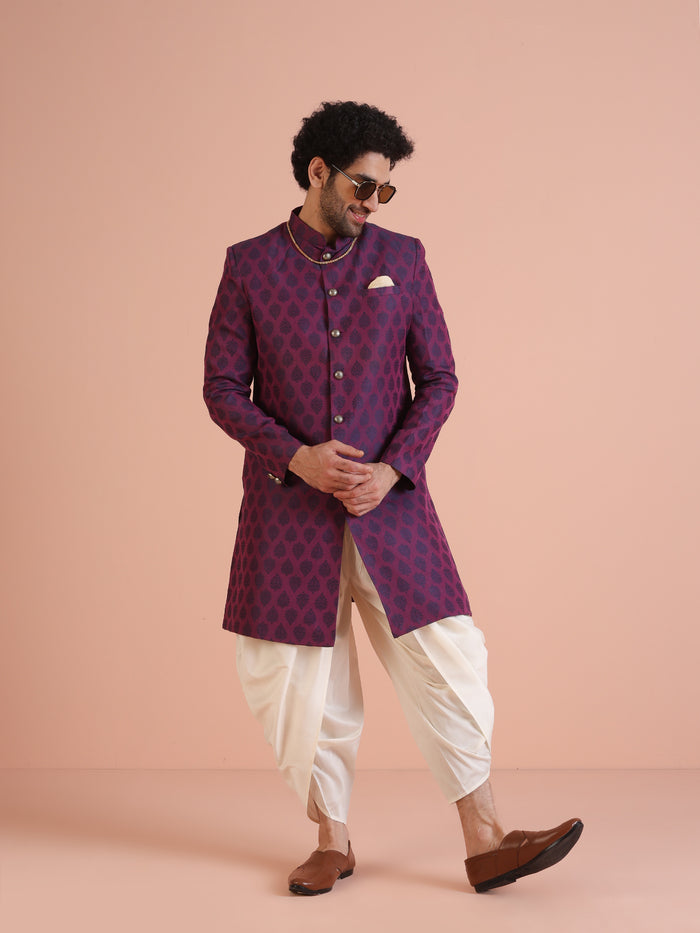 Wine Jacquard Sherwani with Cream Dhoti