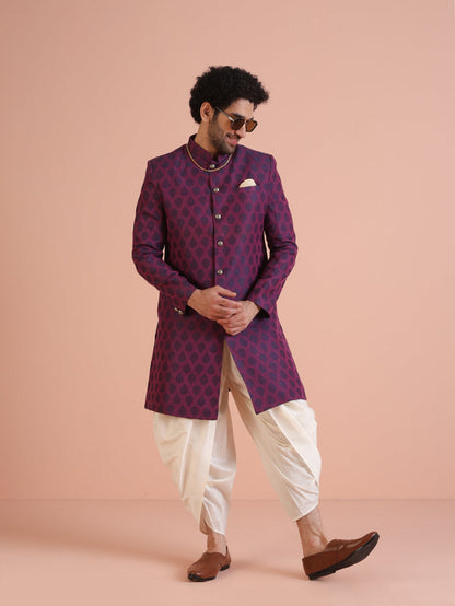 Wine Jacquard Sherwani with Cream Dhoti