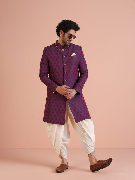Wine Jacquard Sherwani with Cream Dhoti