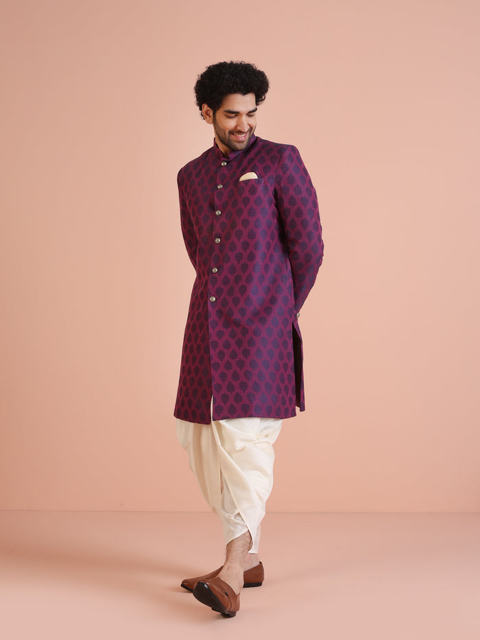 Wine Jacquard Sherwani with Cream Dhoti