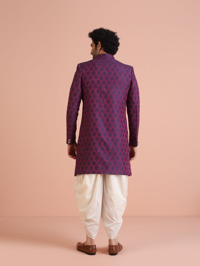 Wine Jacquard Sherwani with Cream Dhoti