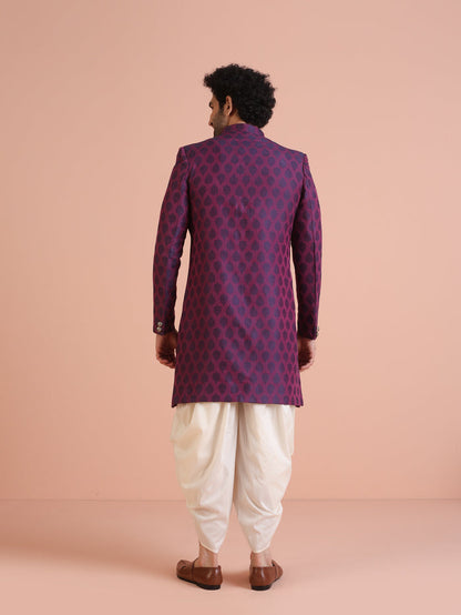 Wine Jacquard Sherwani with Cream Dhoti