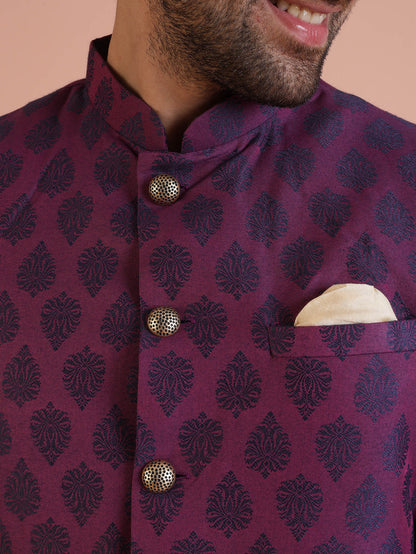 Wine Jacquard Sherwani with Cream Dhoti