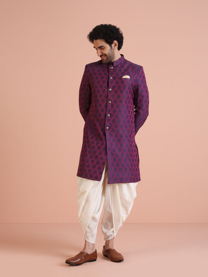 Wine Jacquard Sherwani with Cream Dhoti