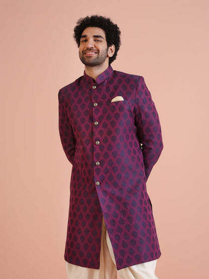 Wine Jacquard Sherwani with Cream Dhoti