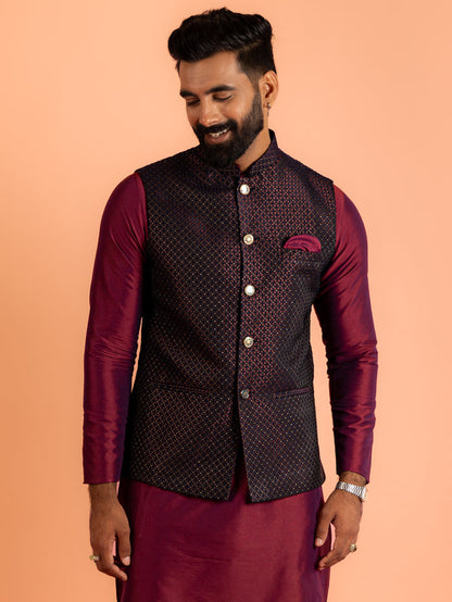 Wine Silk Blend Woven Nehru Jacket Bundi