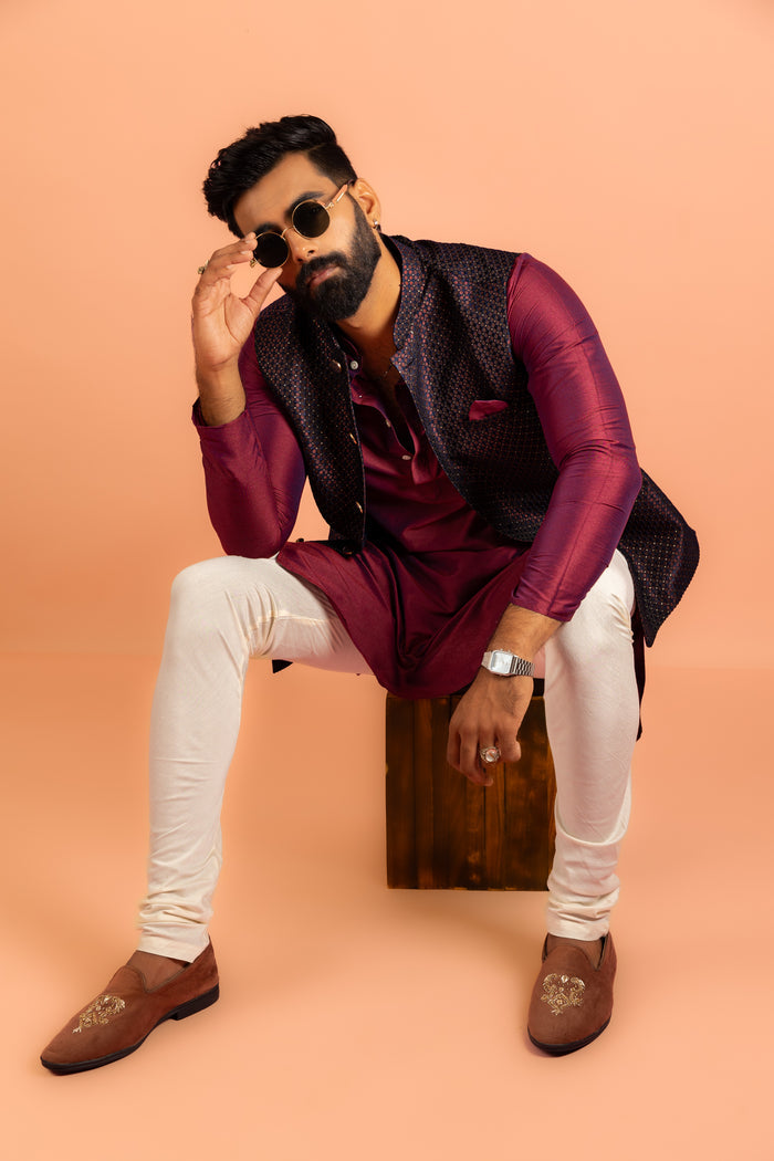 Wine Silk Blend Woven Nehru Jacket Bundi