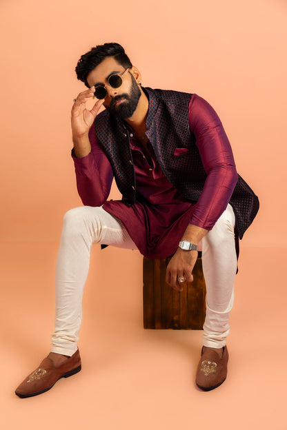 Wine Silk Blend Woven Nehru Jacket Bundi