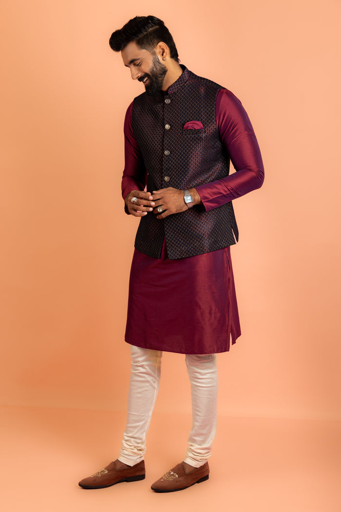 Wine Silk Blend Woven Nehru Jacket Bundi