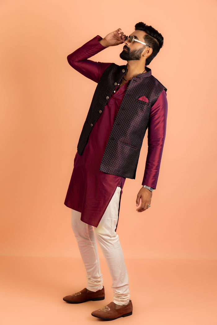 Wine Silk Blend Woven Nehru Jacket Bundi