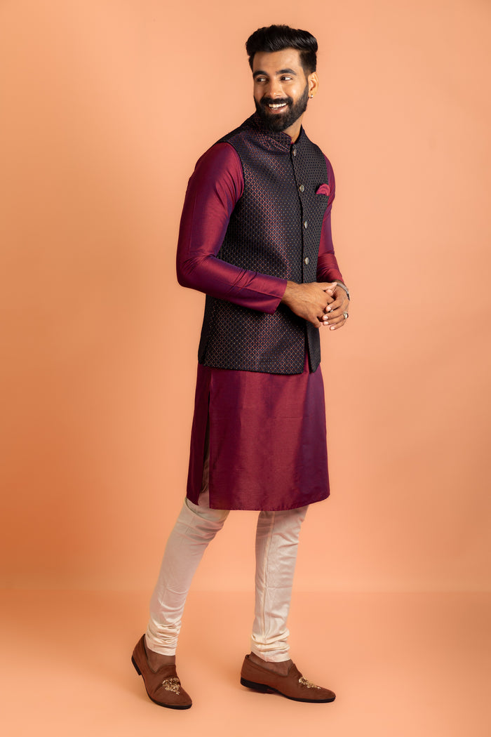 Wine Silk Blend Woven Nehru Jacket Bundi
